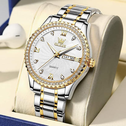 Men's Casual Stainless Steel Watch, Big Face Easy to Read Analog Quartz Watch with Day and Date, Classic Waterproof Diamond Roman Arabic Numerals Dial Dress Watch for Men, Gold Silver Black Band