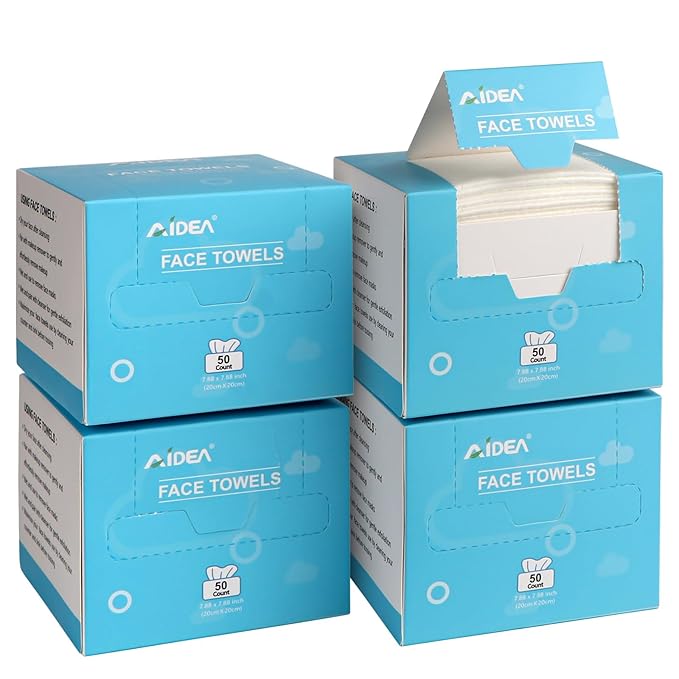 AIDEA Face Towels Disposable-200Ct (4 Box), Clean Facial Towels, Facial Cleansing Wipes for Sensitive Skin, Face Towelettes for Makeup Removing, Nursing, Travel, Dry Wipes