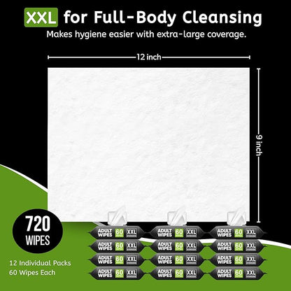 Adult Wipes for Elderly - 720 Wipes 12 Packs Thick Extra Large Disposable Washcloths for Adult Bathing & Shower Alternative No-Rinse - Lightly Scented XXL