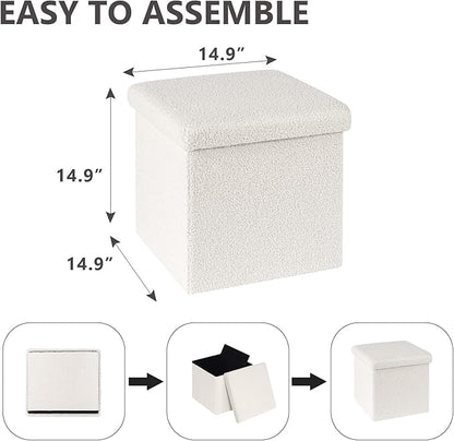 Folding Storage Ottoman Cube - Small Footrest with Sherpa Top, Multi-Functional Storage for Bedroom, Living Room,White