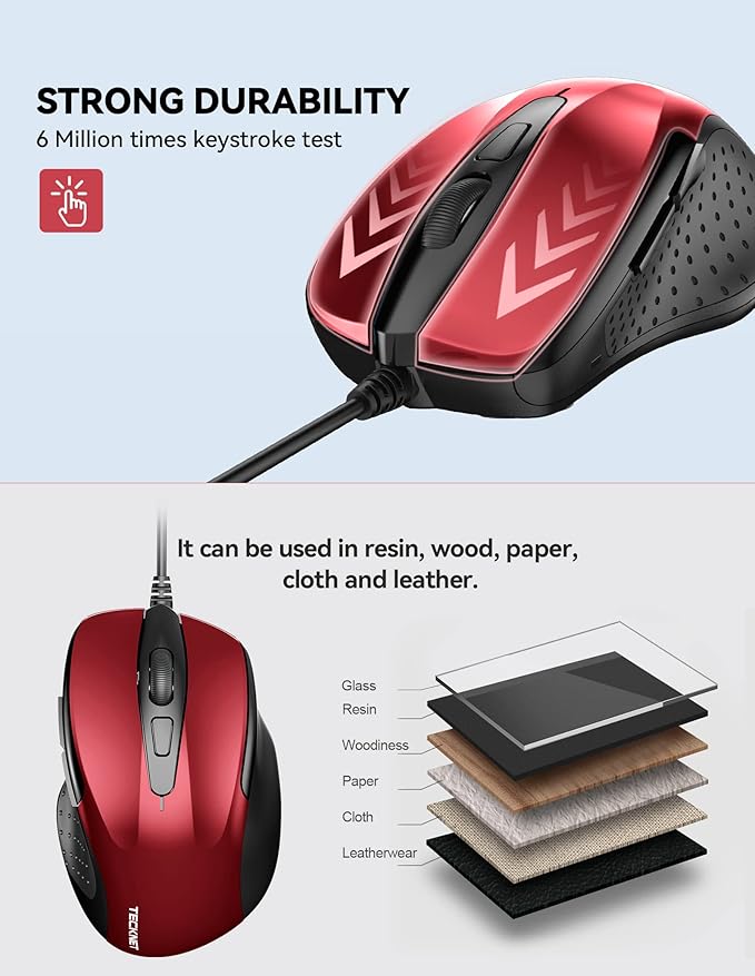 TECKNET USB Wired Mouse, 6-Button Corded Computer Mouse with 4 Adjustable DPI, Optical Computer Mice with Ergonomic Design and 5FT Cord for Laptop, Chromebook, PC, Desktop, Mac, Notebook - Dard Red