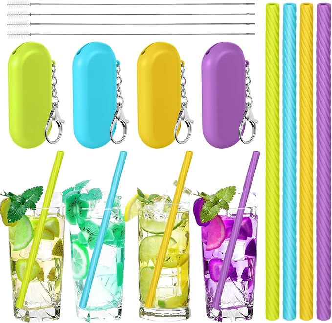 Meanplan 4 Sets Cruise Ship Essentials,4 Set Silicone Straws with Case Reusable Silicone Portable Drinking Straw Set for Party Travel Cold or Hot with 4 Carry Case, 4 Cleaning Brushes (Multicolor)