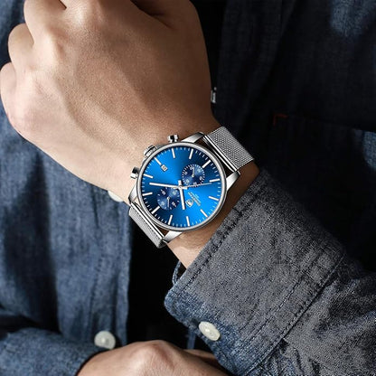 GOLDEN HOUR Mens Watch Fashion Sleek Minimalist Quartz Analog Mesh Stainless Steel Waterproof Chronograph Watches for Men with Auto Date