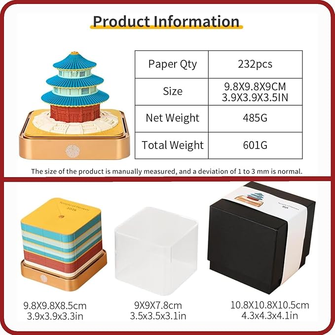 3D Time Piece Calendar 2026 DIY Calendars Tear Away Carving Art 3D Memo Pad Calendar With LED Lights sculpture artsy pads calendar notepad for Desktop Decor-Temple of Heaven