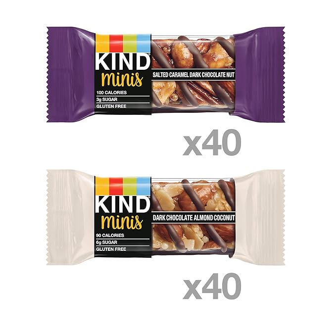KIND Bar Minis, Salted Caramel Dark Chocolate Nut & Dark Chocolate Almond Coconut, Variety Pack, Gluten Free, 100 Calories, Low Sugar, 80 Count