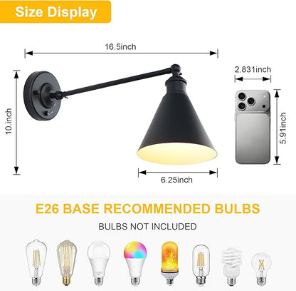 Industrial Vintage Slope Pole Wall Mount Single Sconce with Funnel Flared Metal Shade, Swing Arm Wall Sconce Light Lamp Fixture Hardwired