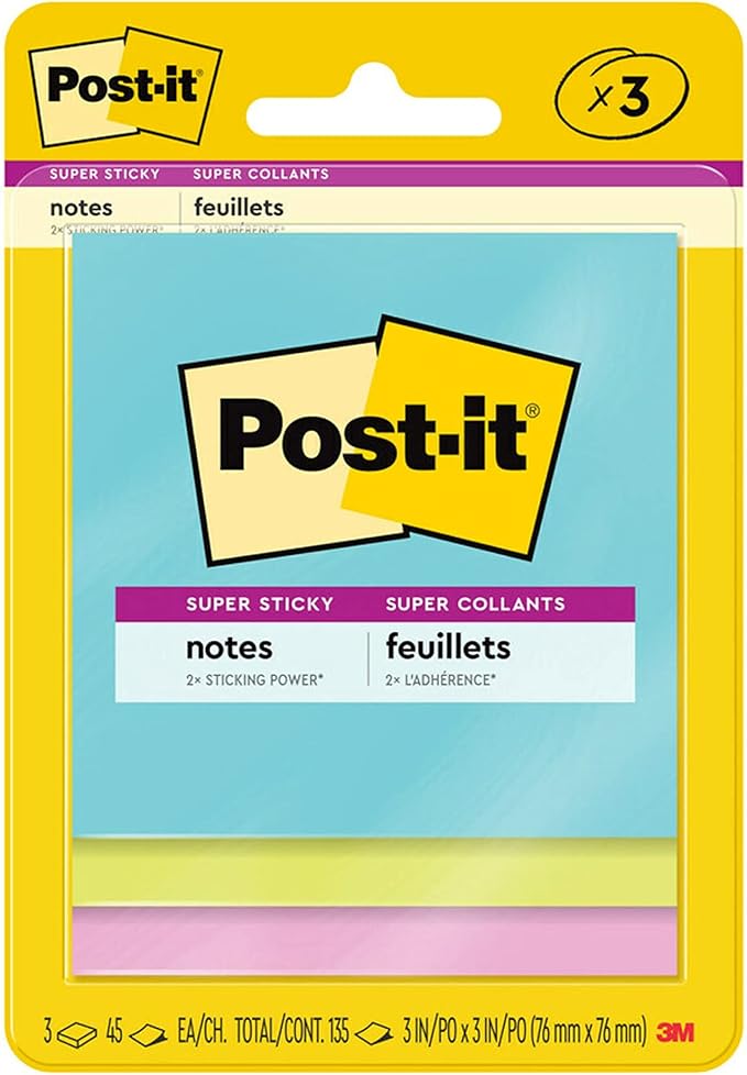 Post-it Super Sticky Notes, 3x3 in, 3 Pads, 2X The Sticking Power, Supernova Neons, Bright Colors, Recyclable (3321-SSMIA)