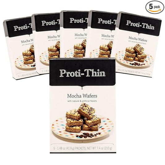 Proti-Thin High Protein Mocha Wafer Squares, 15g Protein, Low Calorie, Low Sugar, Aspartame Free, Diet Wafer Bars, Healthy Snack, 2 Wafers per Serving, 5 Count Box (6 Boxes - Save 10%)