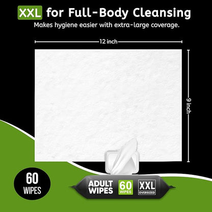 Adult Wipes for Elderly - 60 Wipes 1 Pack Thick Extra Large Disposable Washcloths for Adult Bathing & Shower Alternative No-Rinse - Lightly Scented XXL