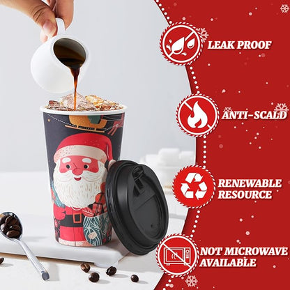 50 Pack 16 oz Christmas Coffee Cups with Lids, Holiday Disposable Paper Cups for Xmas Party Drinks, Hot Cocoa, Hot Chocolate, Cold Beverage