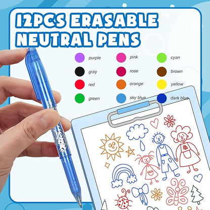 Erasable Pens Multicolor - 12 Colorful Erasable Gel Pens for School Office Journals Smooth Gel Pens Markers Refillable Colored Pens for Kids Adults
