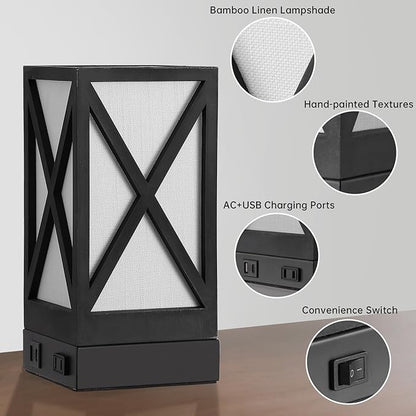 Table Lamp, Set of 2 Rustic Farmhouse Nightstand Lamps, 3 Color Temperatures Desk Lamp with USB Charging Ports AC Outlet Vintage Lamp for Living Room Bed Room, Black