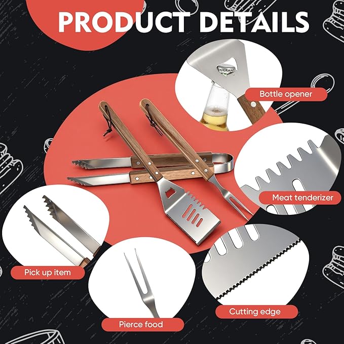 3 Pcs BBQ Grilling Accessories Set - Wooden Grilling Tools Set - BBQ Tongs Spatula Fork - Heavy Duty Stainless Steel Barbecue Grill Tools with Solid Hard Wood Handles Great Gift for Men