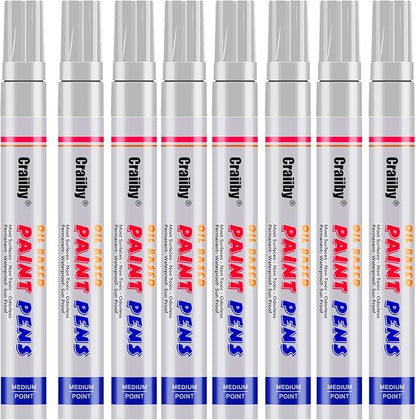White Paint Markers, 8 Pack Oil-Based Waterproof Quick Dry and Permanent Paint Pen Set for Rocks Painting, Wood, Plastic, Canvas, Glass, Mugs, Metal, Tire, Stone, DIY Craft