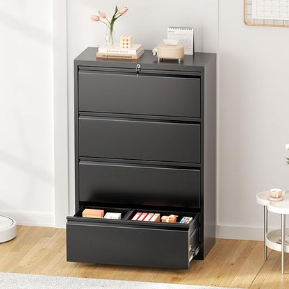 Greenvelly Lateral File Cabinet 4 Drawer, Lockable Metal Filing Cabinet for Home Office, Black Metal File Cabinet with Lock for Legal/Letter/A4/F4 Size with Hanging Bars&Key