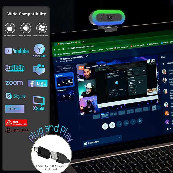 2K Webcam for PC, Plug and Play USB C Webcam with Dual Microphones,Ring Light,Fill RGB Light & Cover, Autofocus Web-Cam for Laptop,65°FOV, Streaming PC Web Camera for Desktop Computer Mac Zoom