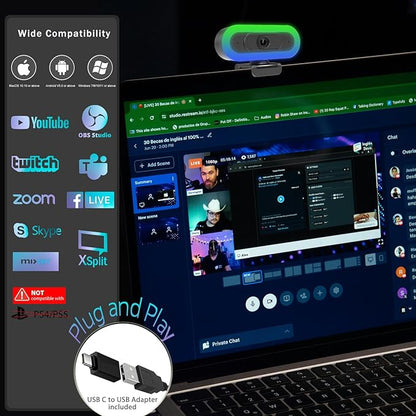 2K Webcam for PC, Plug and Play USB C Webcam with Dual Microphones,Ring Light,Fill RGB Light & Cover, Autofocus Web-Cam for Laptop,65°FOV, Streaming PC Web Camera for Desktop Computer Mac Zoom