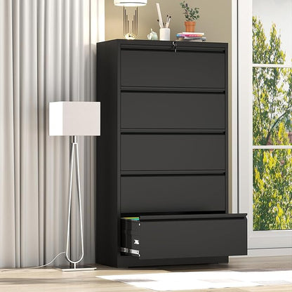File Cabinet with Lock, 5 Drawer Lateral Filing Cabinet for Home Office, Black Metal Heavy Duty File Cabinets for Hanging Letter/Legal/F4/A4 Size Files, Assembly Required