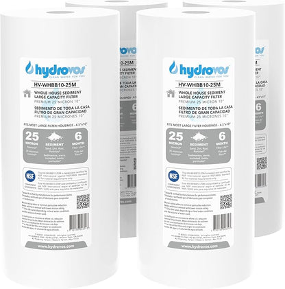 HYDROVOS 4.5 x 10 Inch Large Capacity Whole House Water Filter, NSF 42 Certified 25 Micron Sediment Filtration, Pack of 4