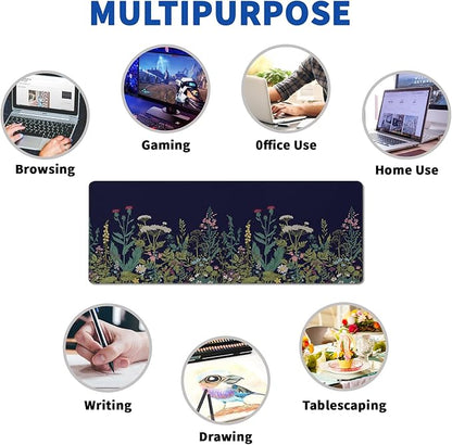 Wildflower Mouse Pad Abstract Black Mouse Pad 31.5x11.8 Inch Flower Texture Non-Slip Rubber Base Large Mousepad Stitched Edges Keyboard Mouse Mat Desk Pad for Office and Home