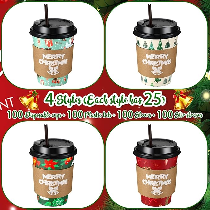 Lallisa 100 Sets Christmas Disposable Coffee Paper Cups Bulk with Lids Sleeves & Straws, 12 oz Red and Greenxmas Snowman Coffee Cups for Hot Cocoa Cold Tea Holiday Party Supplies