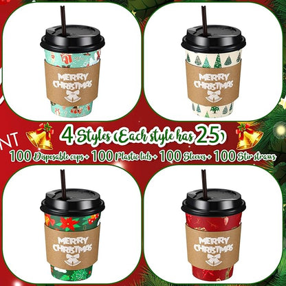 Lallisa 100 Sets Christmas Disposable Coffee Paper Cups Bulk with Lids Sleeves & Straws, 12 oz Red and Greenxmas Snowman Coffee Cups for Hot Cocoa Cold Tea Holiday Party Supplies
