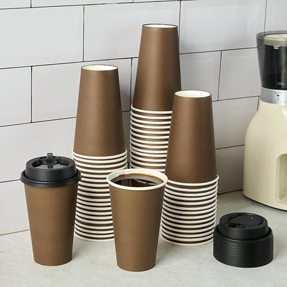 LITOPAK 100 Pack 16 oz Disposable Paper Coffee Cups with Lids for Coffee, Water, Juice, or Tea, Brown Hot Paper Cups for Home, Restaurant, Store, and Cafe
