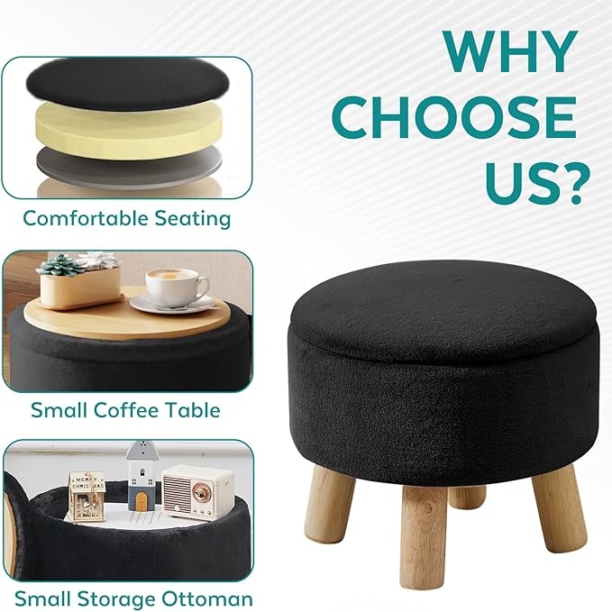 Small Foot Stool Ottoman with Storage, Faux Fur Ottoman Foot Rest for Couch, Round Footstool with Storage, Small Ottomans and Footstools for Living Room and Entryway (Black)