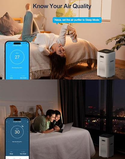 Dayette Smart WIFI Air Purifiers for Home Large Room Up to 3000 Sq Ft, APP & Alexa Control Air Cleaner, H14 Ture HEPA Filter for Allergies Pet Dander Smoke Dust, 22dB Sleep Mode for Bedroom