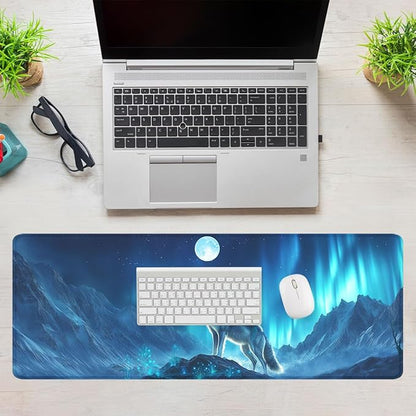 Howling Wolf Desk Pad Mouse Pad Northern Lights Full Moon Aurora Large Gaming Mouse Mat with Stitched Edges,Non-Slip Waterproof Rubber Base Mous Mat 31.5"x11.8"