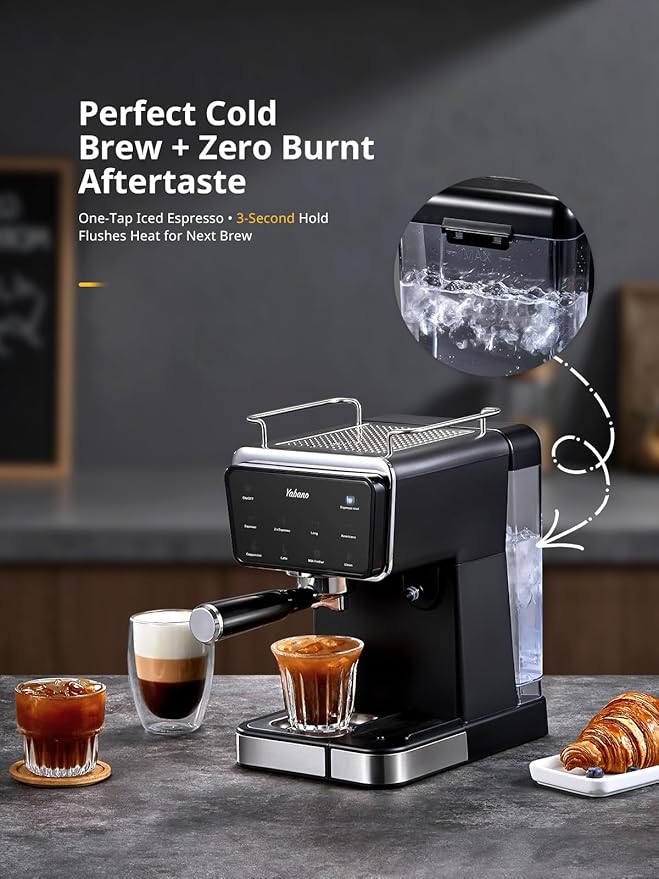 Yabano Espresso Machine with LED Touch Screen, 20 Bar Pressure & Automatic Milk Frother, 1.5L Water Tank, for Cappuccino, Americano & Latte, 1350W