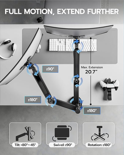 ARES WING Dual Monitor Mount - Ultrawide Monitor Arm for 17 to 40 Inch Heavy Duty Curved Screen up to 26.4 lbs with Clamp/Grommet Desk Mount, 75/100 Vesa Mount, Black