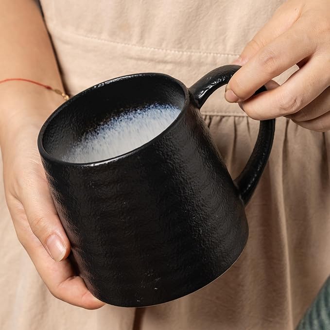 Ceramic Coffee mugs, 21 oz, Extra Large Mugs, Big Tea Cups, Large Handle, Pottery Mugs, Big Belly, Transmutation Glaze，Wide Bottom, stripe pattern, Microwave and Dishwasher Safe. (Black)
