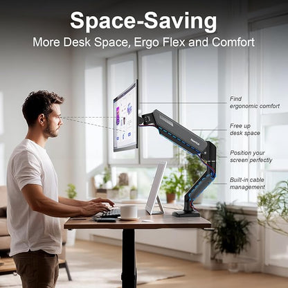 NearHub Single Monitor Mount Arm for 13-32" Up 22 lbs Screens | VESA 75x75/100x100 | Clamp/Grommet Base | Cable Management | Space Saving Desk Setup,180° Swivel, Tilt +90° to -45°, 360°Rotation