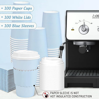 Whaline 100 Pcs Light Blue Disposable Coffee Cups with Lids and Sleeves 16 Oz Insulated To Go Paper Cups for Winter Home Restaurant Travel Wedding Birthday Baby Shower Party Supplies