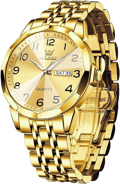 Men's Casual Stainless Steel Watch, Big Face Easy to Read Analog Quartz Watch with Day and Date, Classic Waterproof Diamond Roman Arabic Numerals Dial Dress Watch for Men, Gold Silver Black Band