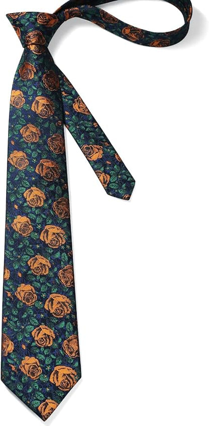 HISDERN Men Floral Ties Woven Classic 3.4" Necktie Set Formal Tie Pocket Square for Wedding with Handkerchief Gift Box