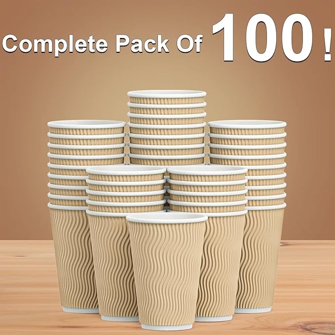 Hot Paper Cups 16 oz Disposable Insulated Corrugated Sleeve Ripple Wall Paper Cup 100 pcs,16oz Cups for Drink，Hot Coffee Cups (Brown)