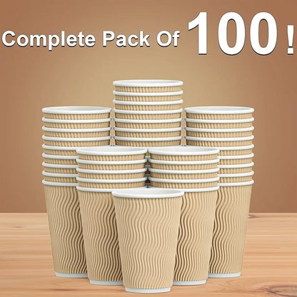 Hot Paper Cups 16 oz Disposable Insulated Corrugated Sleeve Ripple Wall Paper Cup 100 pcs,16oz Cups for Drink，Hot Coffee Cups (Brown)