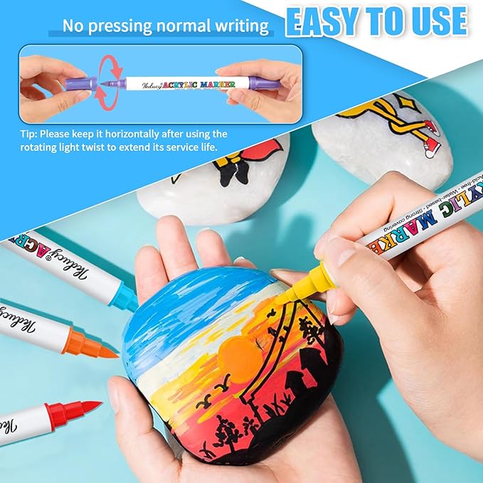 24 Colors Dual Tip Acrylic Paint Markers Set, Fine Tip and Brush Tip Acrylic Paint Pens with 10 Pages Coloring Paper for Rocks, Wood, Canvas, Stone, Paper, Fabric, Glass, DIY Crafts