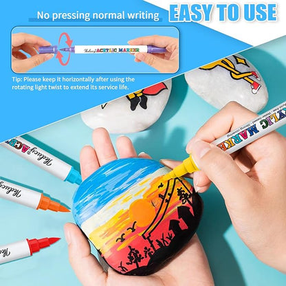 24 Colors Dual Tip Acrylic Paint Markers Set, Fine Tip and Brush Tip Acrylic Paint Pens with 10 Pages Coloring Paper for Rocks, Wood, Canvas, Stone, Paper, Fabric, Glass, DIY Crafts
