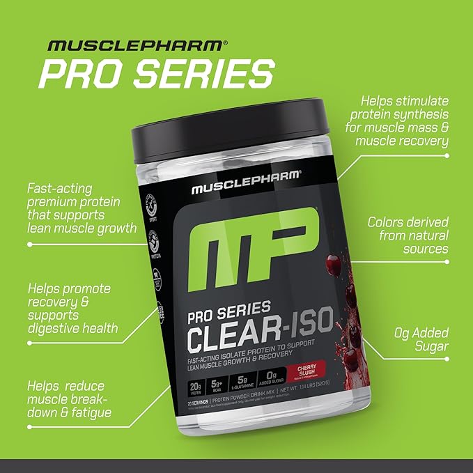 MusclePharm Pro Series Clear-ISO, Clear Protein Powder, 20g Fast-Acting Whey Isolate per Serving Plus BCAAs & L Glutamine | Pro-Grade Muscle Recovery & Growth | Cherry Slush, 1.14 lb, 20 Servings
