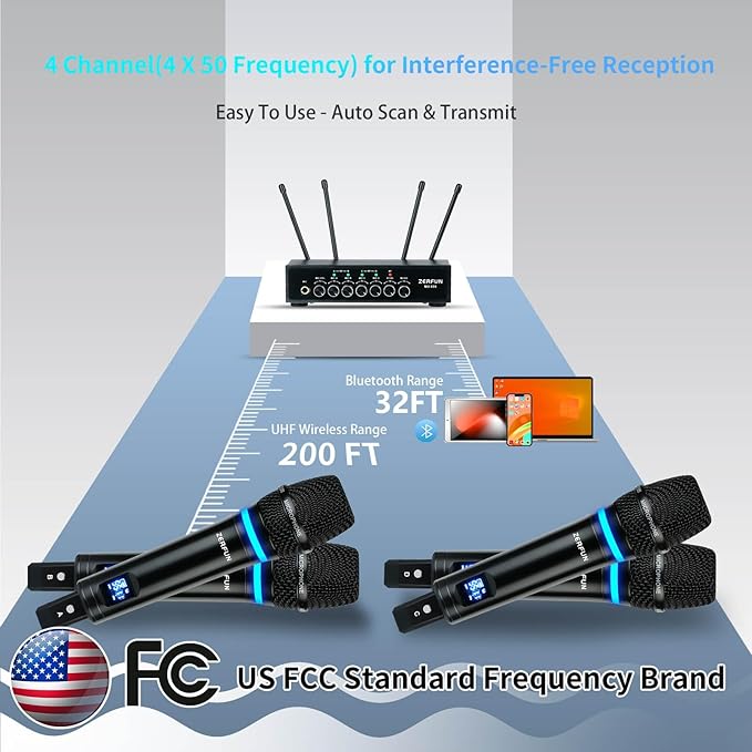 Pro Rechargeable Wireless Microphone System 4 Channel, UHF Metal Handheld Wireless Microphones Cordless Mics with Echo Bluetooth VOL Channel Control for Karaoke Singing Church(MU-898)