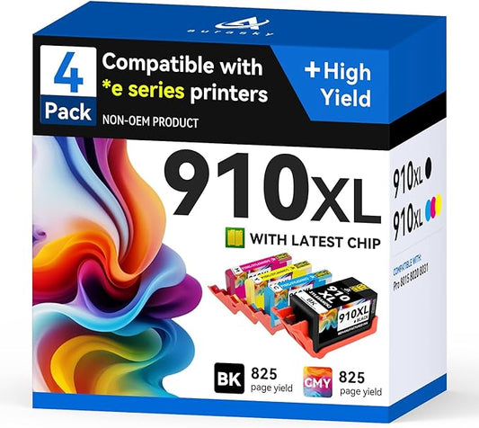 AURASKY 910XL Ink Cartridges Replacement for 910 XL Ink Cartridges Combo Pack,Works with OfficeJet Pro 8025e 8035e 8015e 8022e 8028e 8025 8035 8020 8010 8022 Printer (Black, Cyan, Magenta, Yellow)