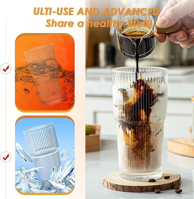 20 oz Glass Tumblers, Iced Coffee Cups with Lids and Glass Straws, Thickened Wall Glass Cups, Ideal for Smoothies, Cocktails, and Juices – Vintage and Durable Drinkware –2 Pack