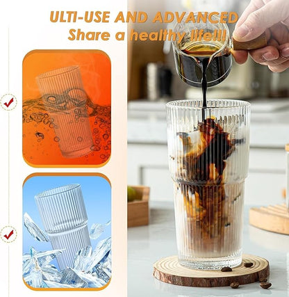 20 oz Glass Tumblers, Iced Coffee Cups with Lids and Glass Straws, Thickened Wall Glass Cups, Ideal for Smoothies, Cocktails, and Juices – Vintage and Durable Drinkware –2 Pack