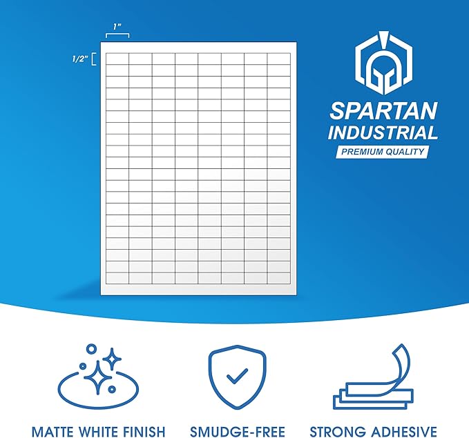 1" X 0.5" Matte White Printable Labels Compatible with Inkjet and Laser Printers - 30 Sheets, 4800 Small Stickers for Barcodes, Product Labeling, Inventory - Spartan Industrial Template R001