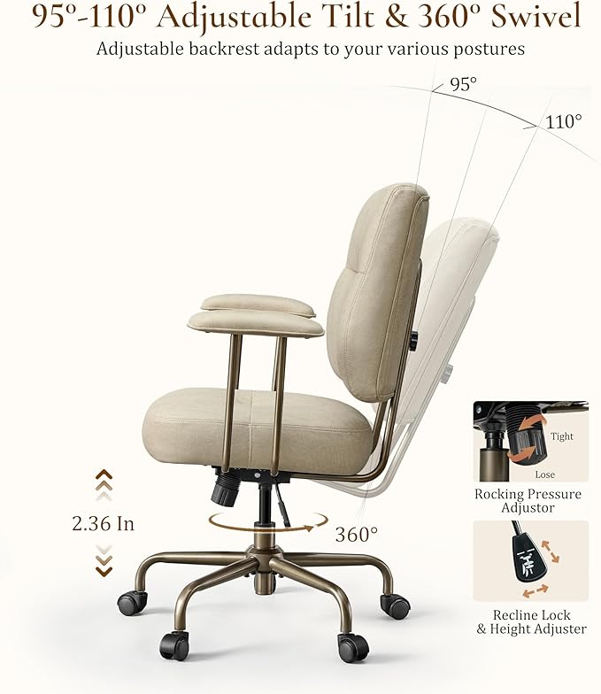 EUREKA ERGONOMIC Becky Home Office Desk Chairs Leather, Comfy Office Chair with Lumbar Support and Arms, Mid-Back, Comfortable Thick Cushion, Mid-Century Modern, Height Adjustable, Off-White