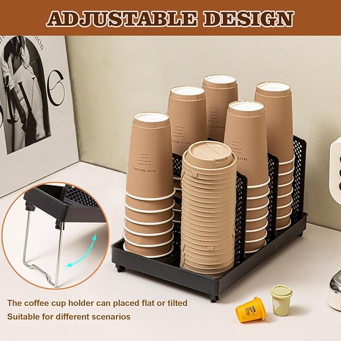 6 Slots Cup and Lid Holder, Disposable Paper Cup Dispenser with Stand, Coffee Cup and Lid Storage Organizer for Coffee Station Bar Office Home Countertop Breakroom Restaurant