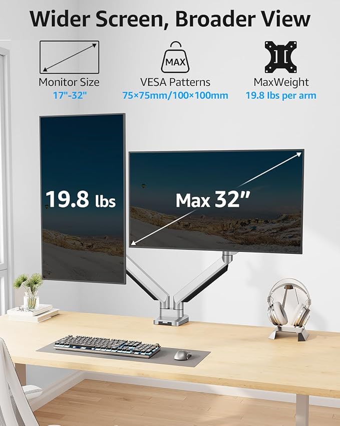 MOUNTUP Dual Monitor Desk Mount, Die-Cast Aluminum Fully Adjustable Double Monitor Arm with Gas Spring, Computer Monitor Stand Fits 2 Screen 17 to 32 inch - Each Arm Holds 4.4-19.8LBS, MU0024